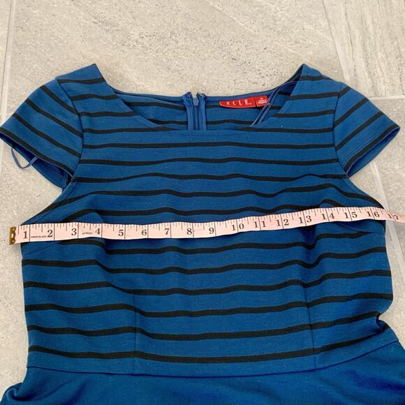 Elle Womens Medium Dress Peplum Cap Sleeve Blue Black Striped Midi Stretch - Picture 3 of 4